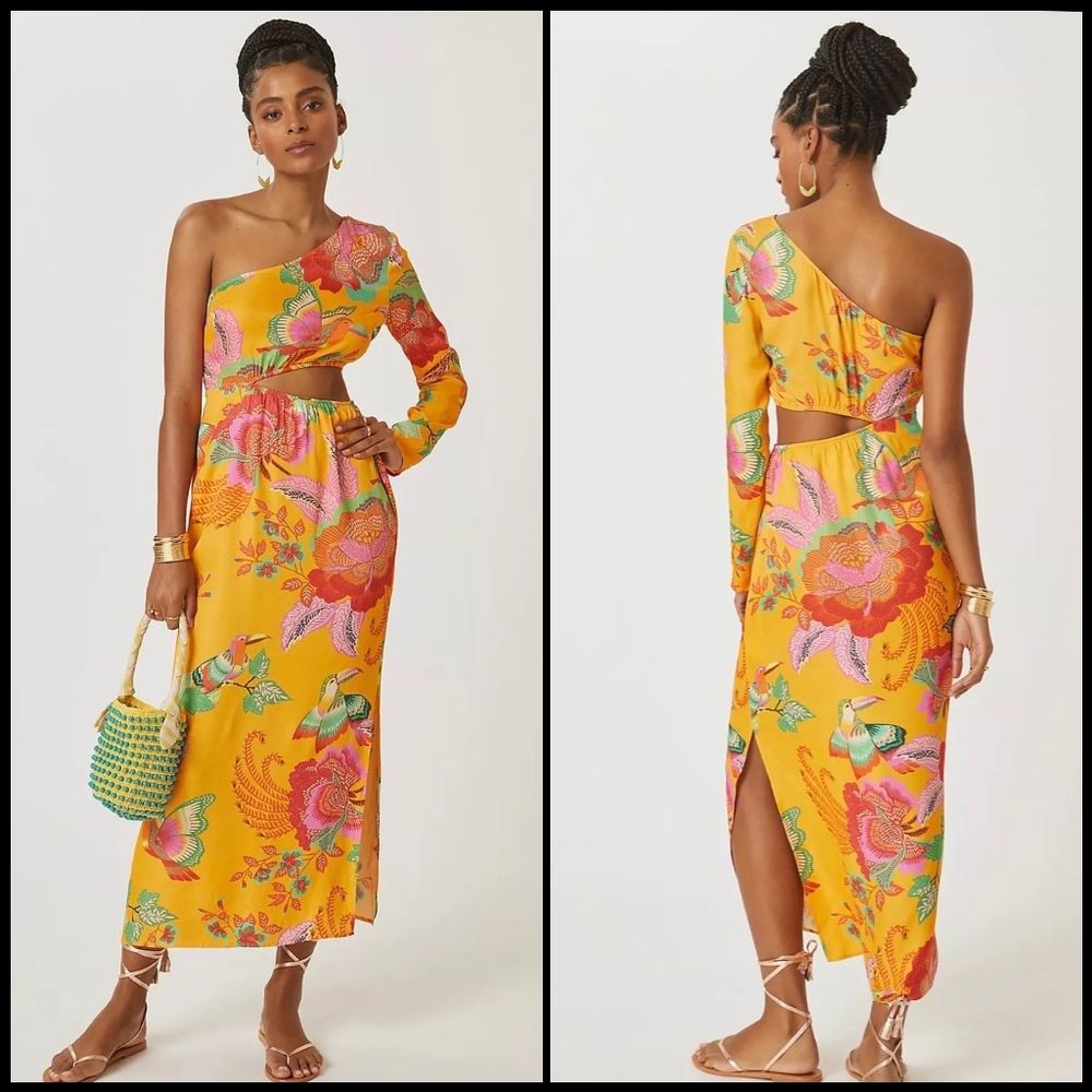 Farm Rio One-Shoulder Yellow Floral Cutout Maxi Dress